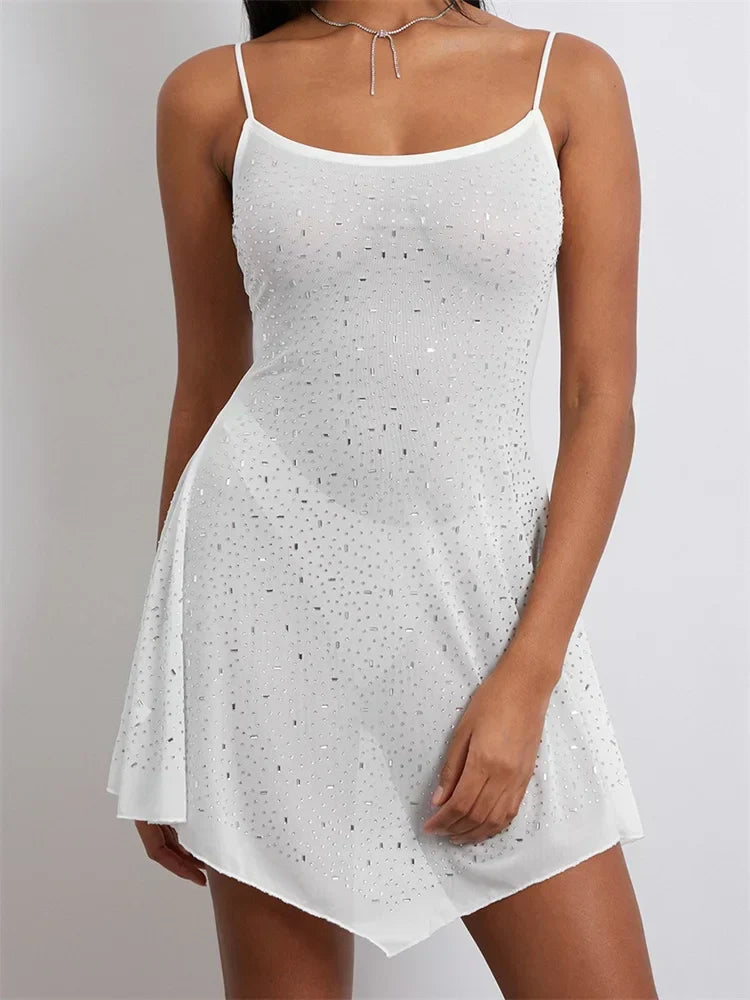 Rhinestone Mesh Spaghetti Strap Scoop Neck Mini Party Dress - View 5
