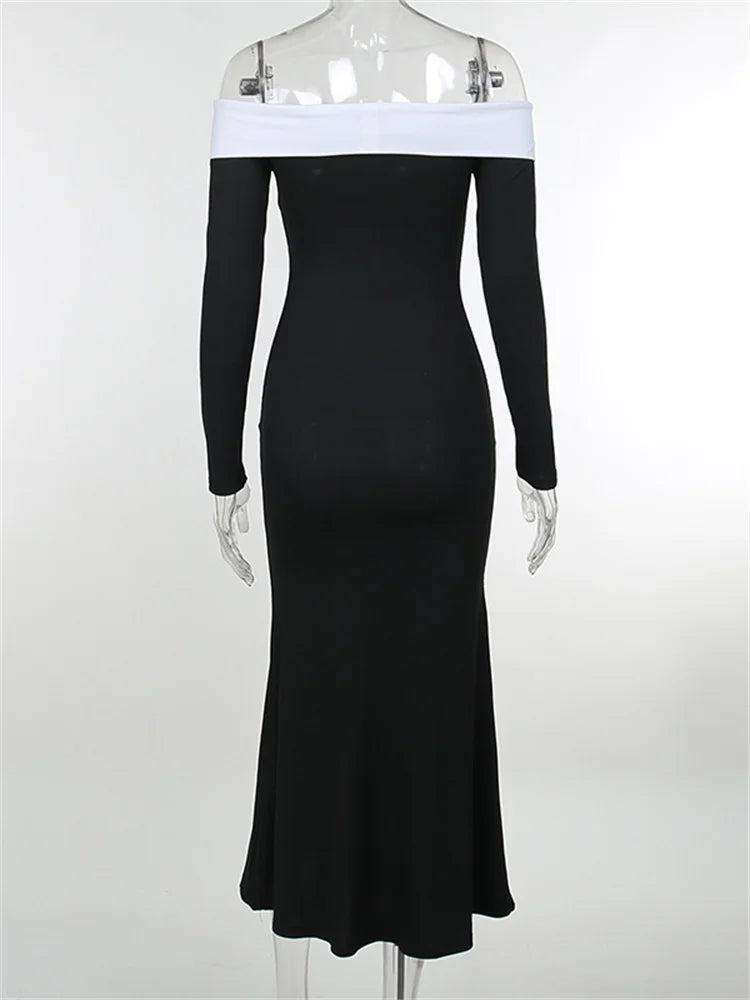 Off Shoulder Long Sleeve Contrast Trim Fishtail Maxi Gown 6