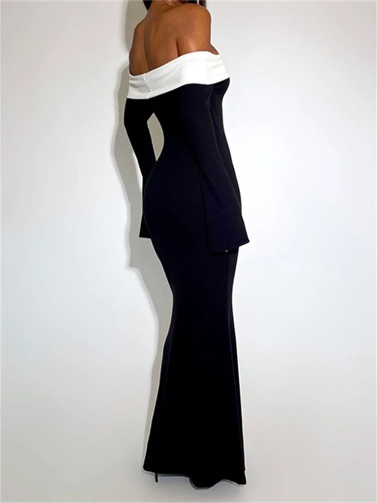 Off Shoulder Long Sleeve Contrast Trim Fishtail Maxi Gown 3