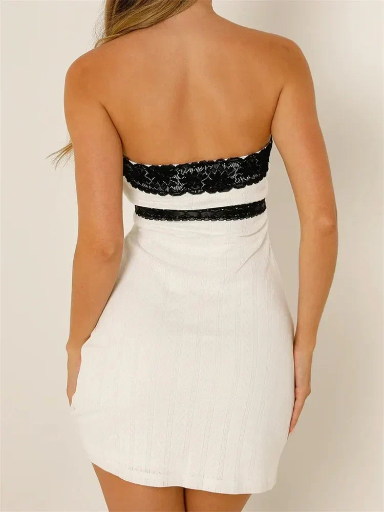 Off Shoulder Lace Trim Tube Mini Dresses - View 3