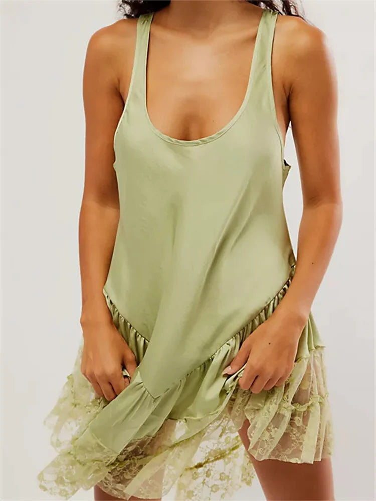 Low Cut Lace Patchwork Mini Dresses