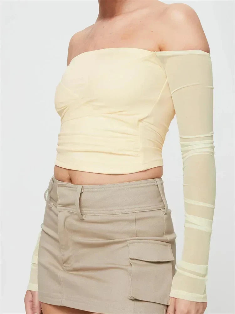 Off-the-Shoulder Sheer Mesh Crop Top