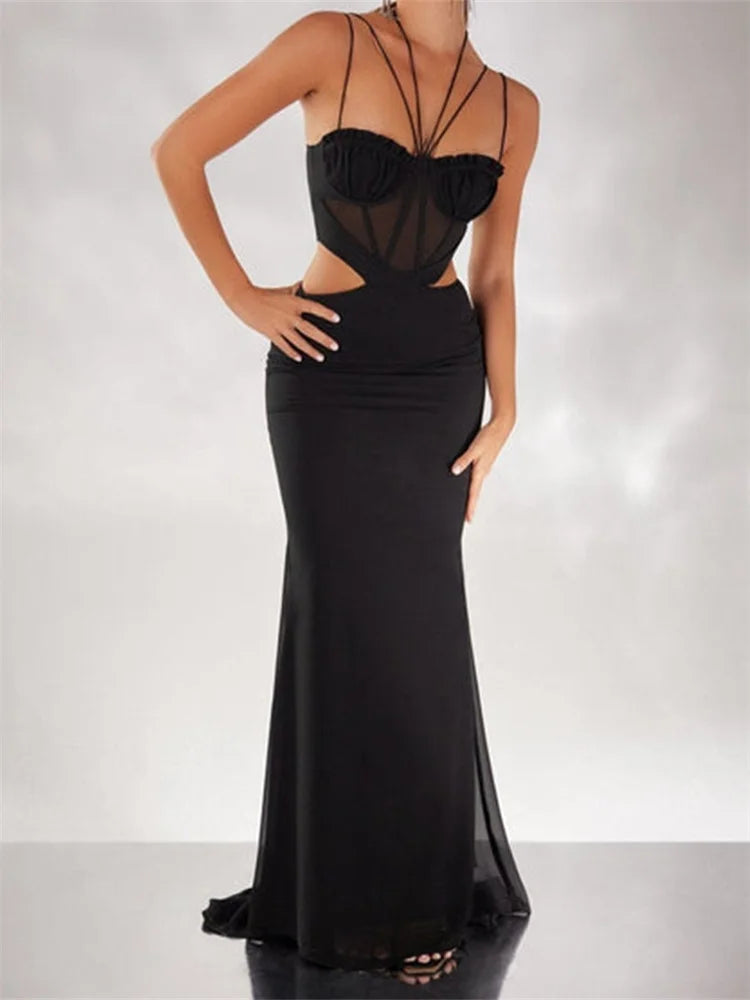 Strappy Sweetheart Corset Mesh Cut Out Mermaid Maxi Dress