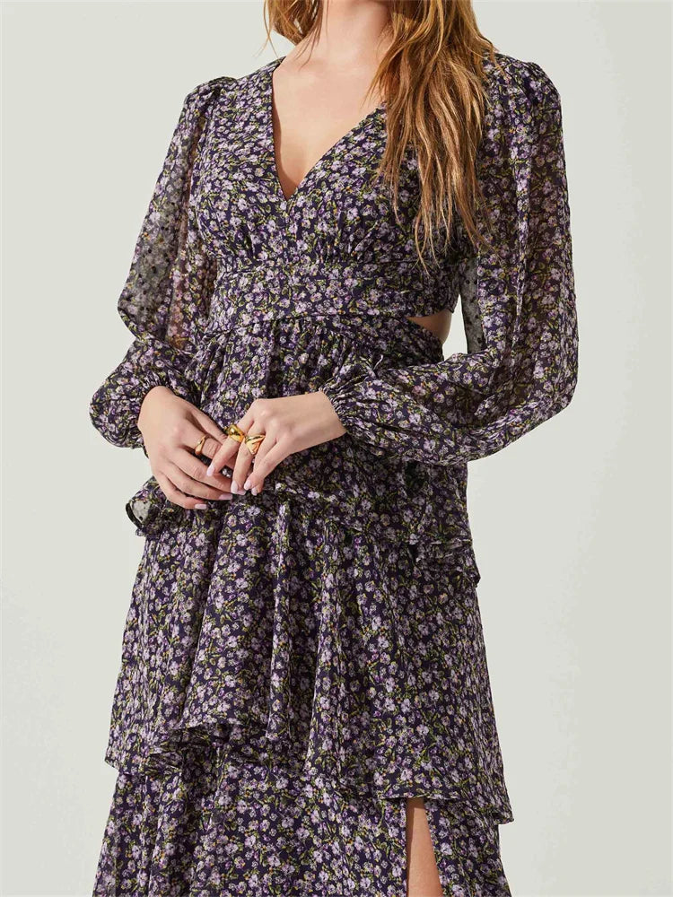 V-Neck Long Sleeve Ditsy Floral Tiered Ruffle Maxi Dress 5