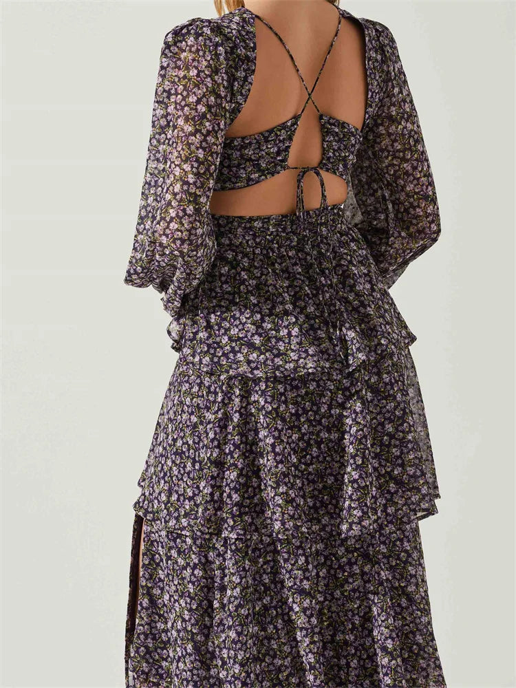 V-Neck Long Sleeve Ditsy Floral Tiered Ruffle Maxi Dress 4