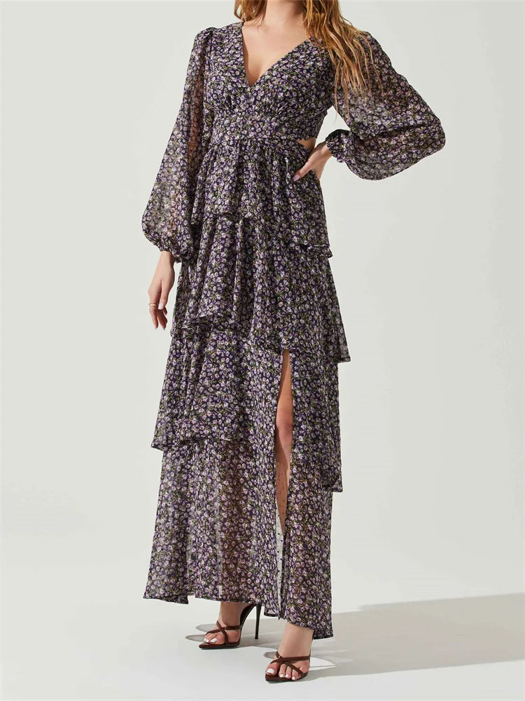 V-Neck Long Sleeve Ditsy Floral Tiered Ruffle Maxi Dress 3
