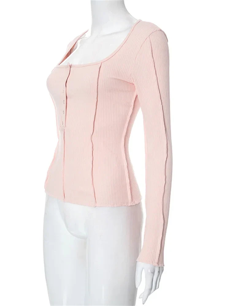Ribbed Button-Up Long Sleeve Top
