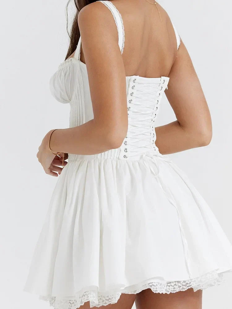 Lace Floral Square Neck Tieup Mini Dresses - View 2