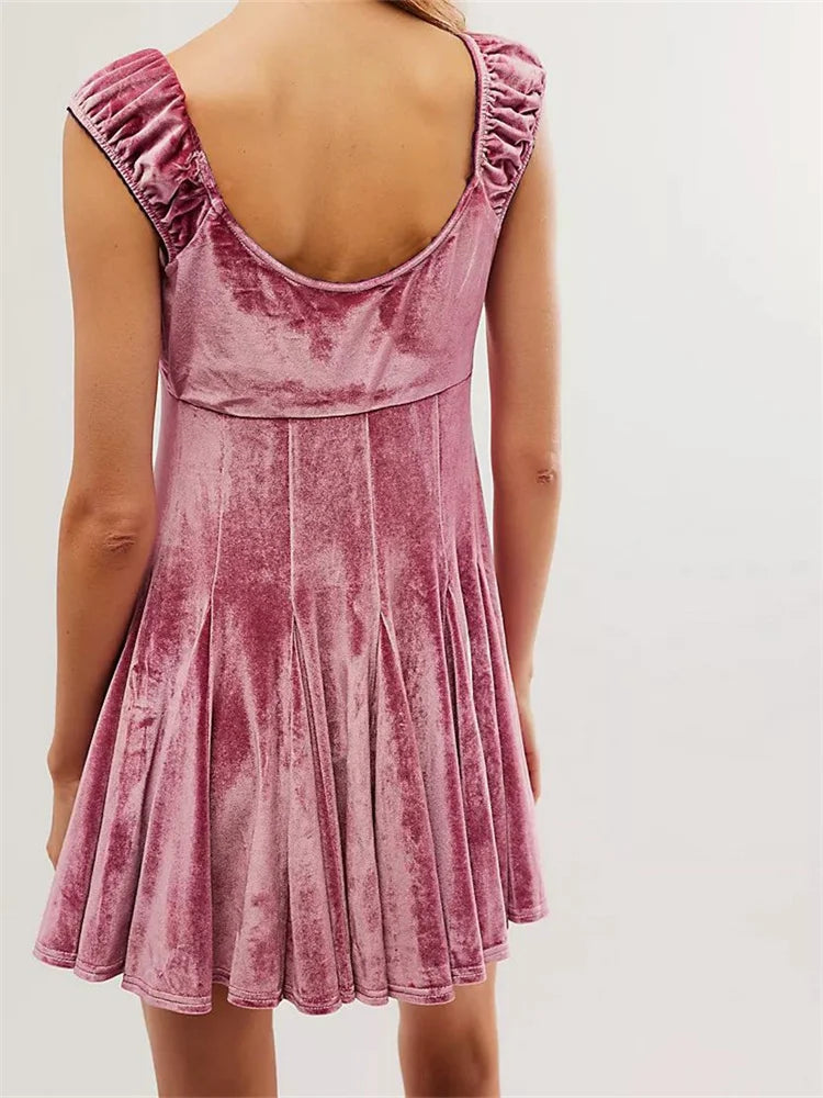 Velvet VNeck Sleeveless High Waist Mini Dresses - View 5