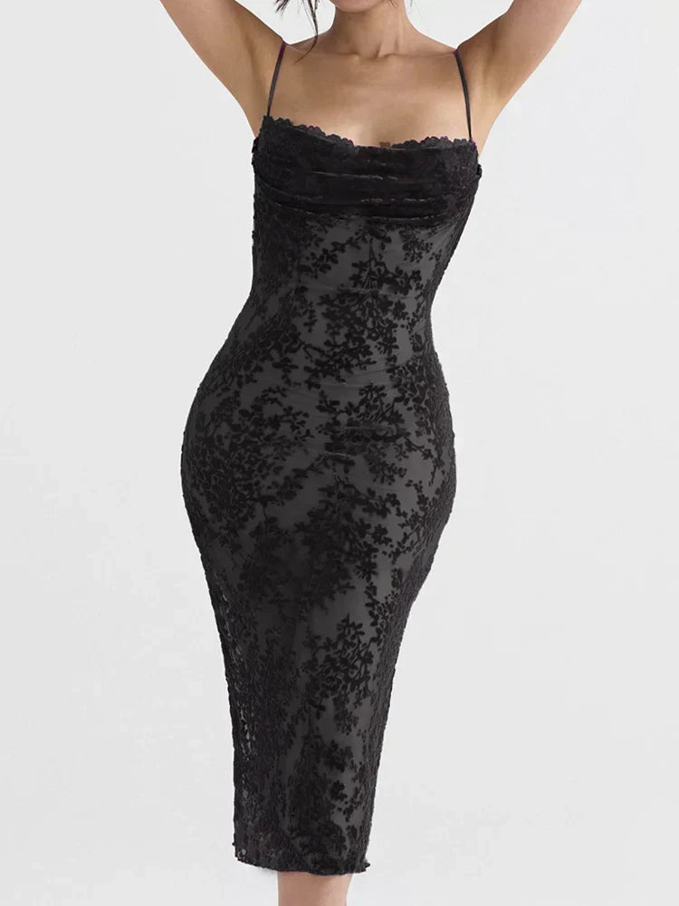 Floral Mesh Spaghetti Strap Bodycon Midi Dress - View 3