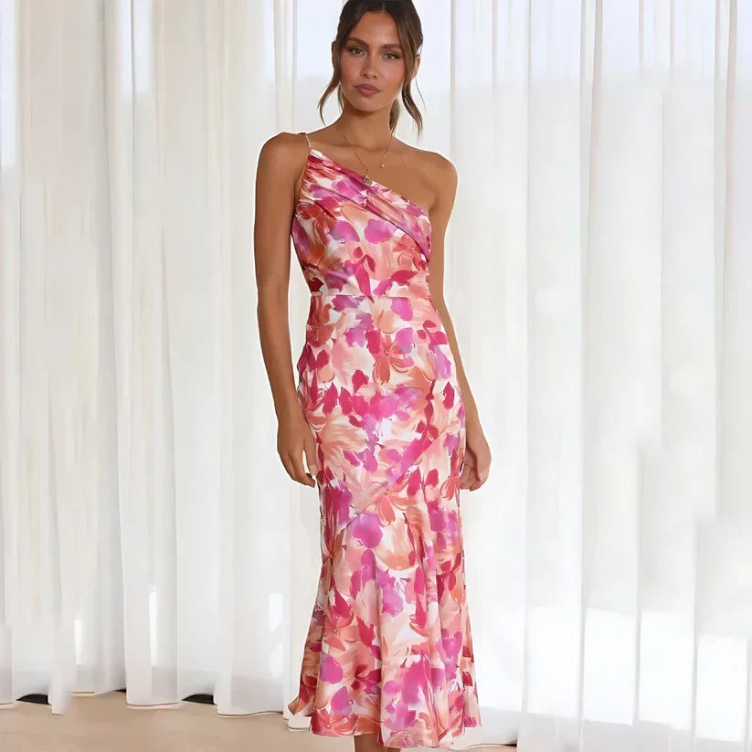 Floral Print One Shoulder Ruched Bodice Mermaid Midi Dress