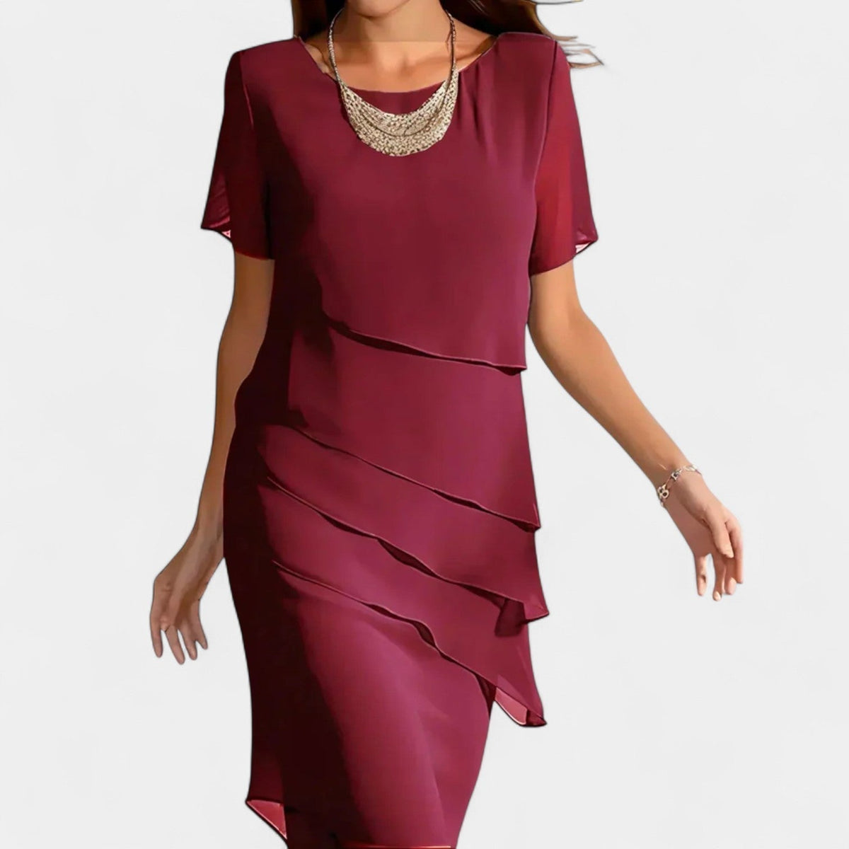 Chiffon Round Neck Short Sleeve Tiered Midi Dress 2