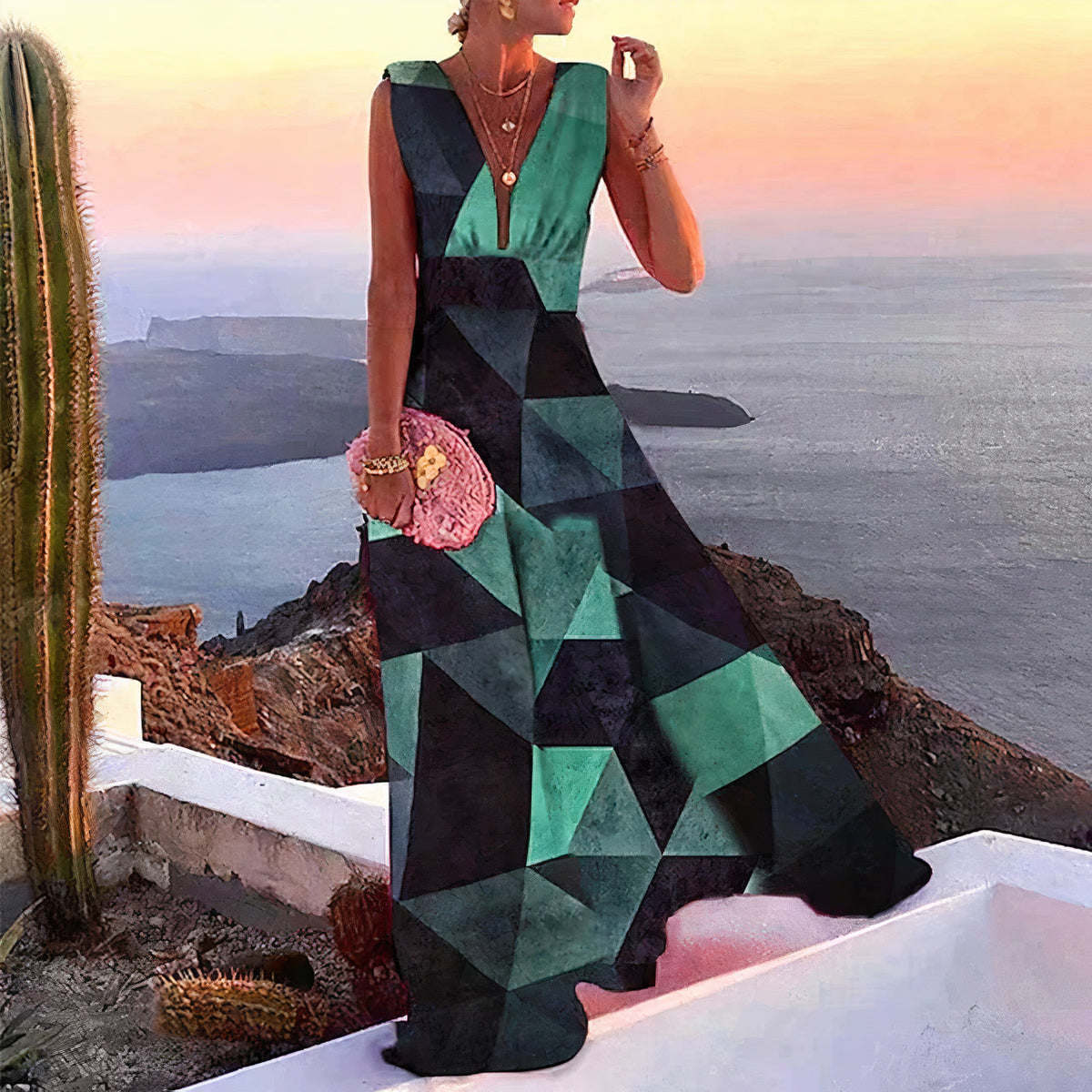 Floral Print Deep V-Neck Spaghetti Strap Flowy Maxi Dress - View 2