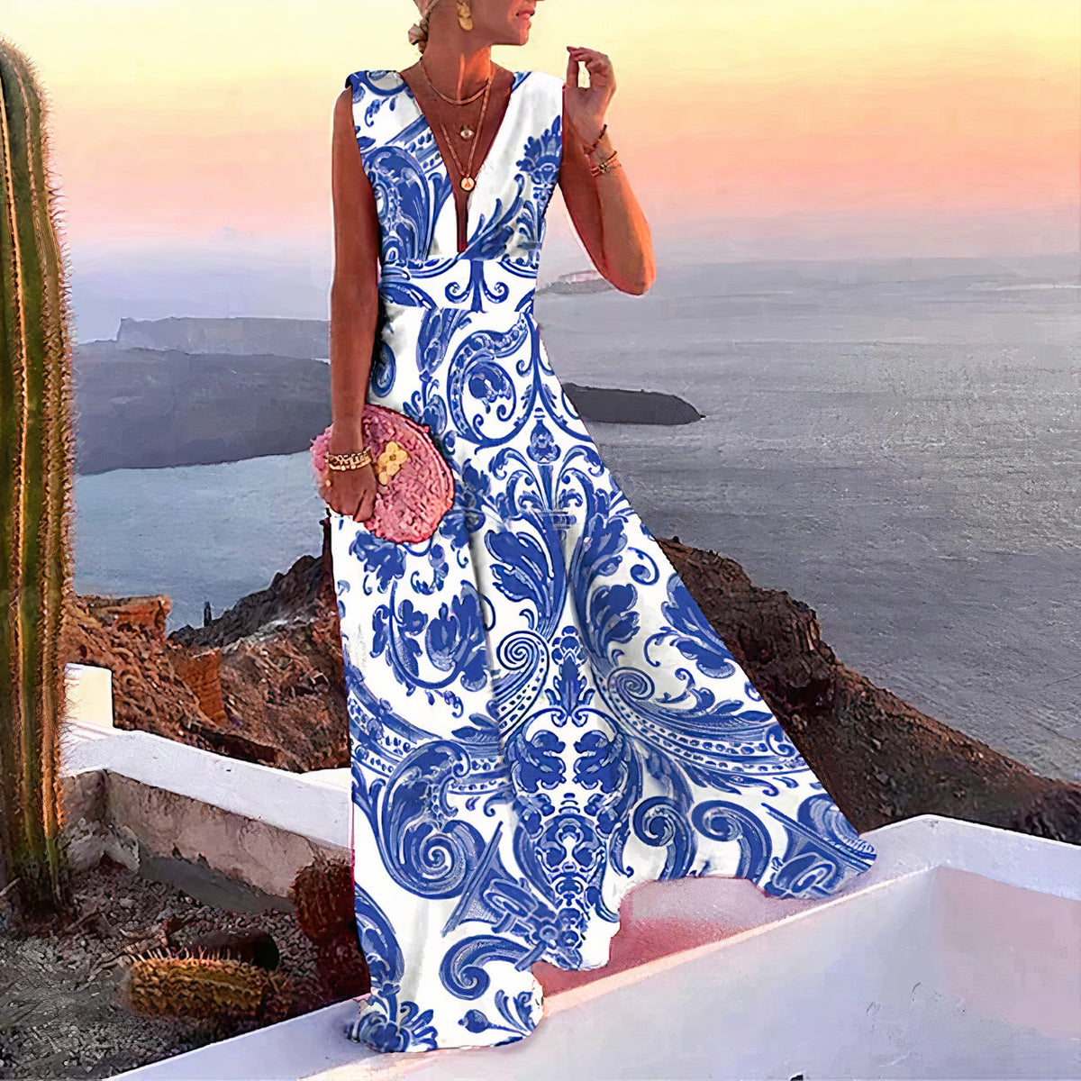 Floral Print Deep V-Neck Spaghetti Strap Flowy Maxi Dress - View 4