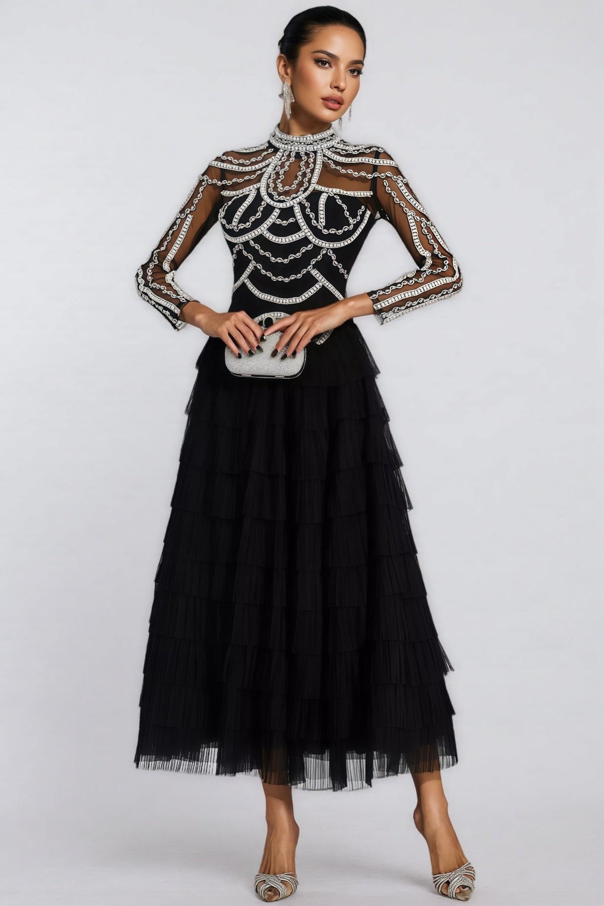 Beaded Mesh Long Sleeve Mock Neck Tiered Tulle Maxi Gown - View 2