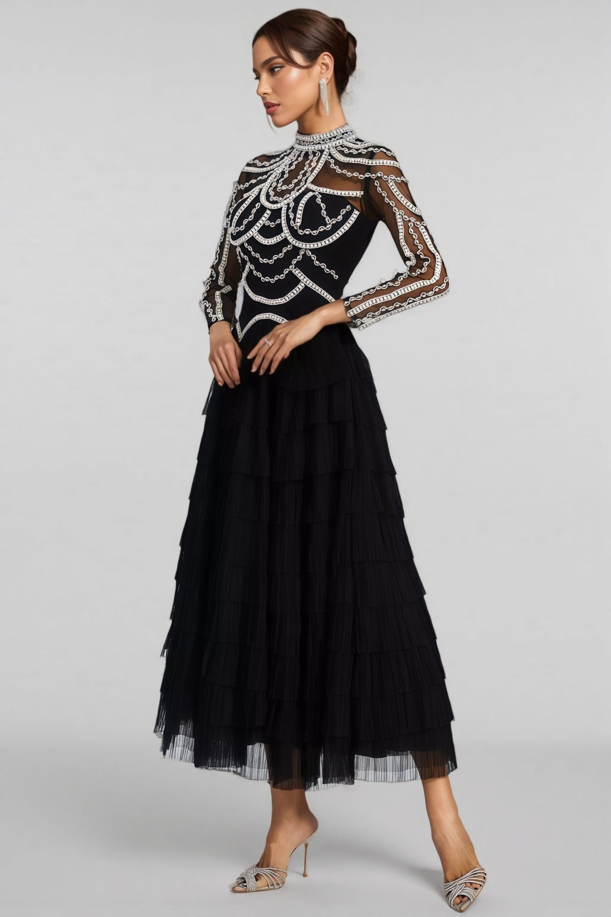 Beaded Mesh Long Sleeve Mock Neck Tiered Tulle Maxi Gown - View 3