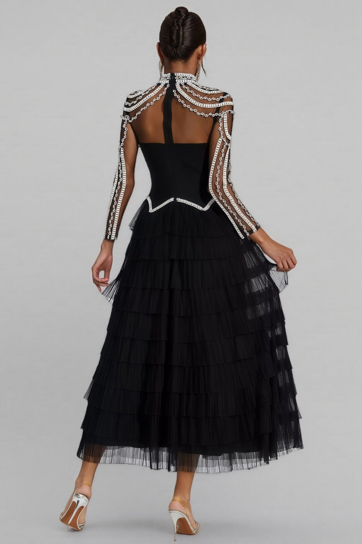 Beaded Mesh Long Sleeve Mock Neck Tiered Tulle Maxi Gown - View 7