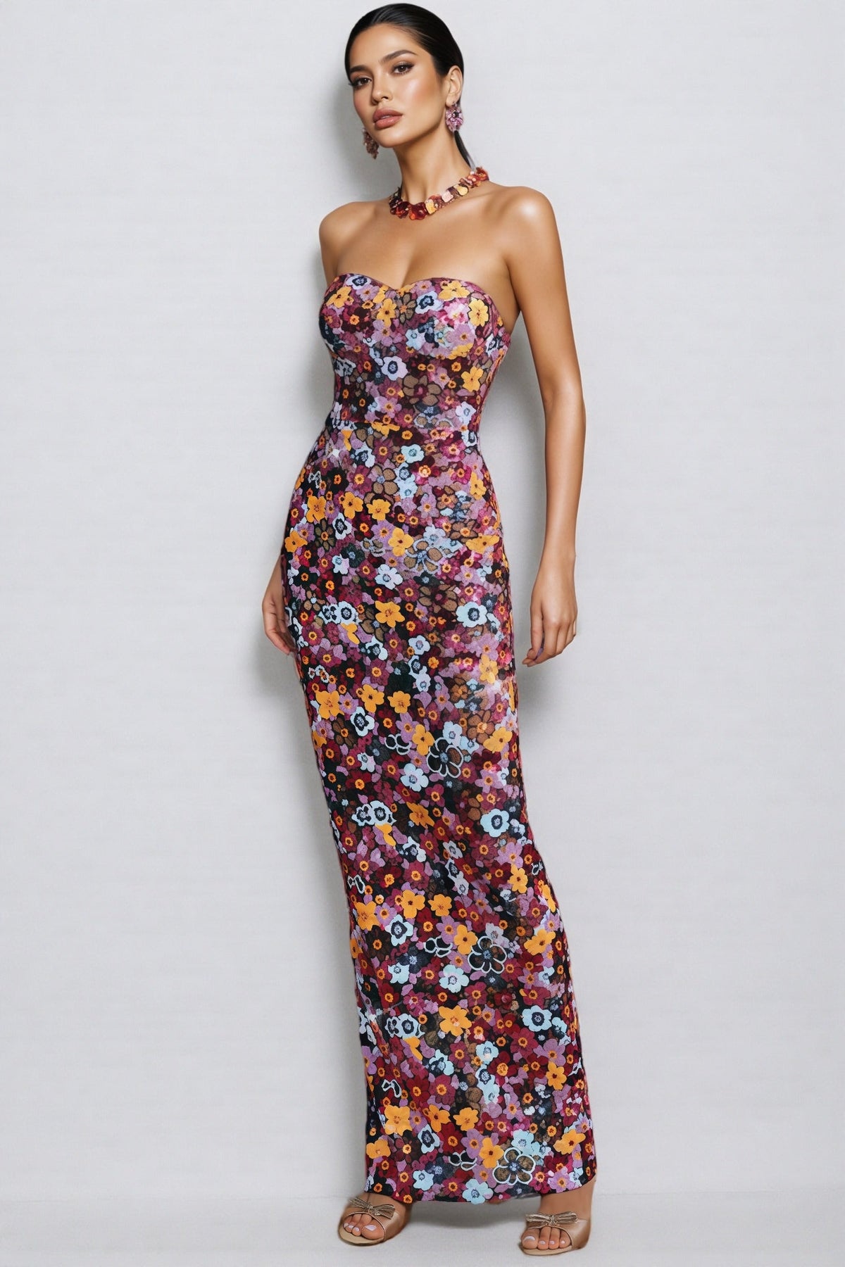 Floral Sequin Strapless Sweetheart Column Maxi Dress