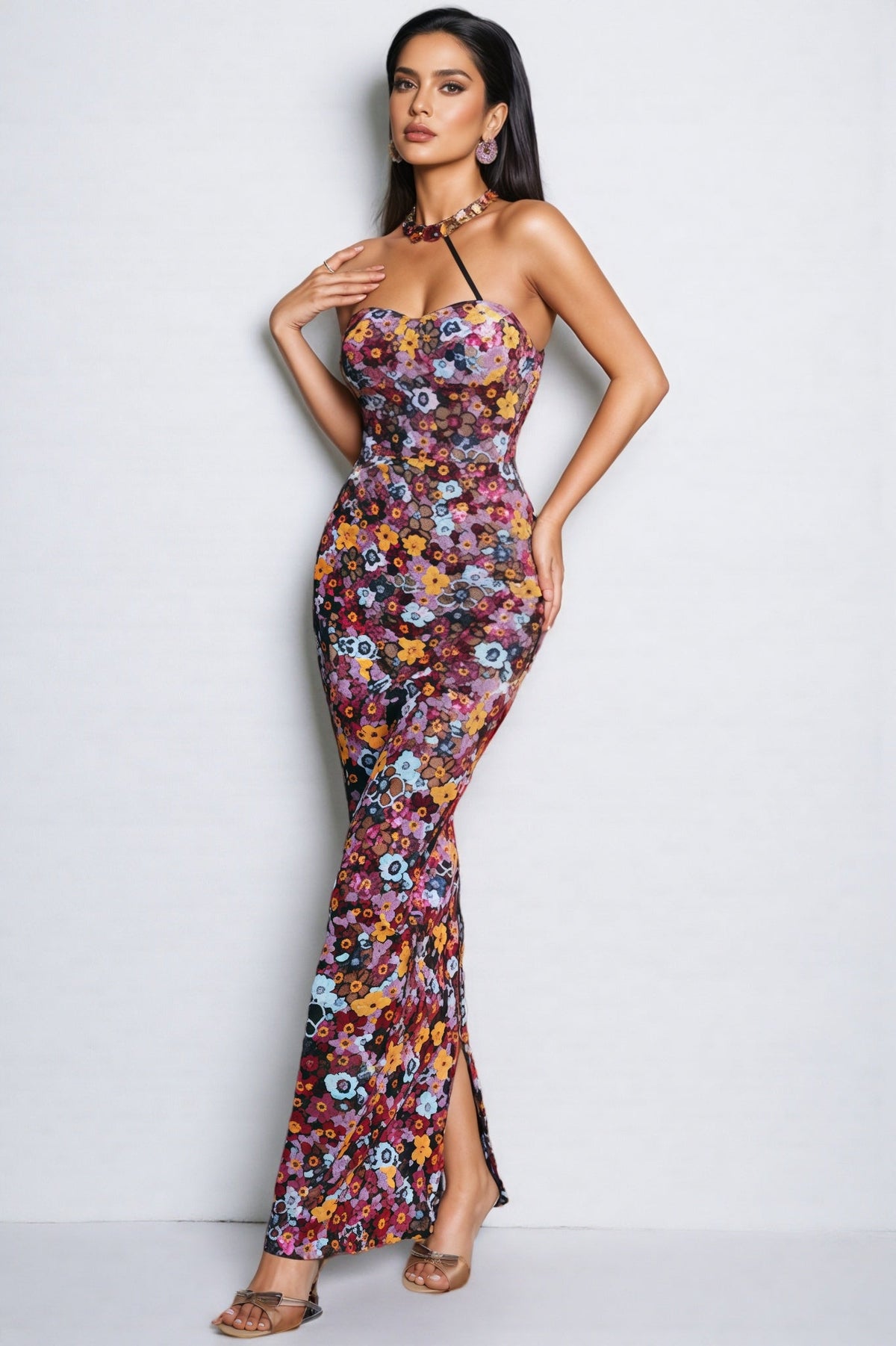 Floral Sequin Strapless Sweetheart Column Maxi Dress - View 5