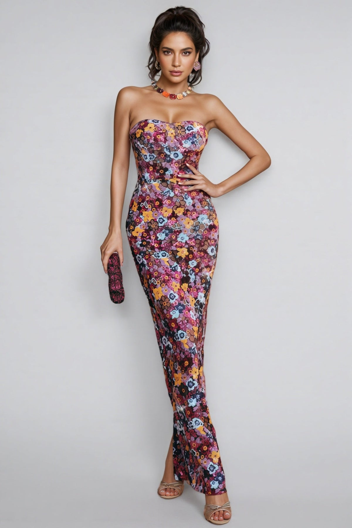 Floral Sequin Strapless Sweetheart Column Maxi Dress - View 3