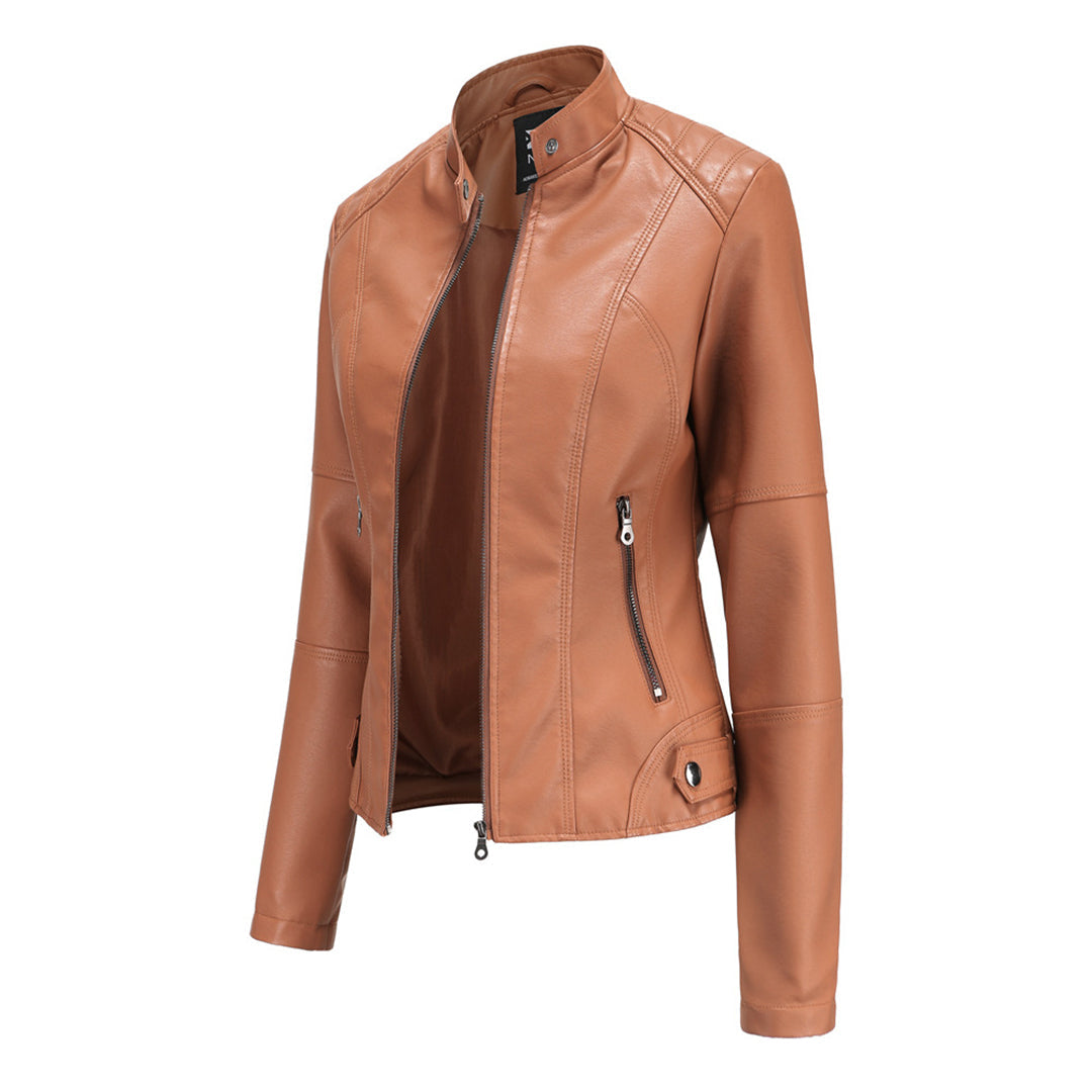 Stand Collar Zip Front Faux Leather Moto Jacket 9