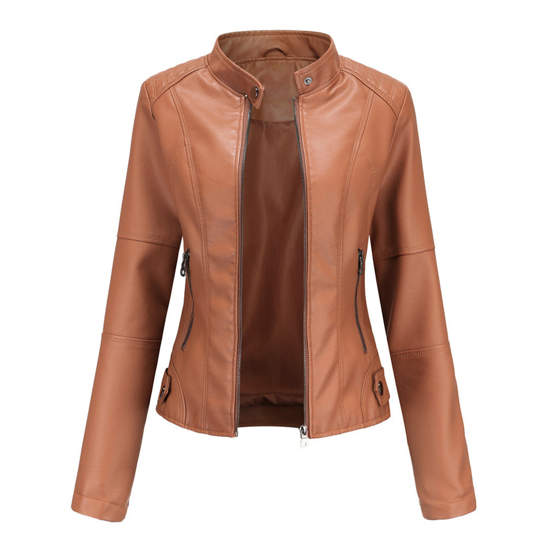 Stand Collar Zip Front Faux Leather Moto Jacket 3