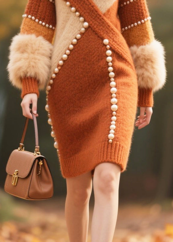 Mock Neck Pearl Embellished Faux Fur Cuff Mini Sweater Dress - View 4