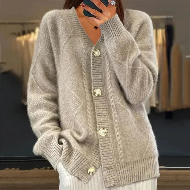 V-Neck Button Front Cable Knit Oversized Cardigan