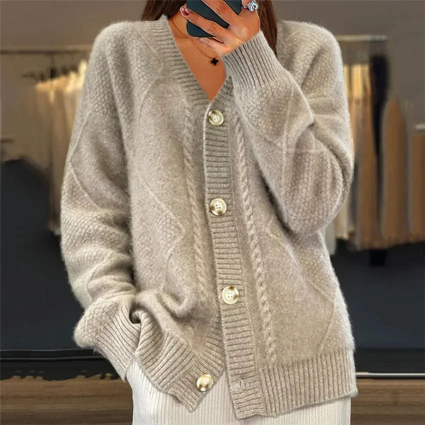 Cable Knit Button Front Round Neck Oversized Cardigan 8