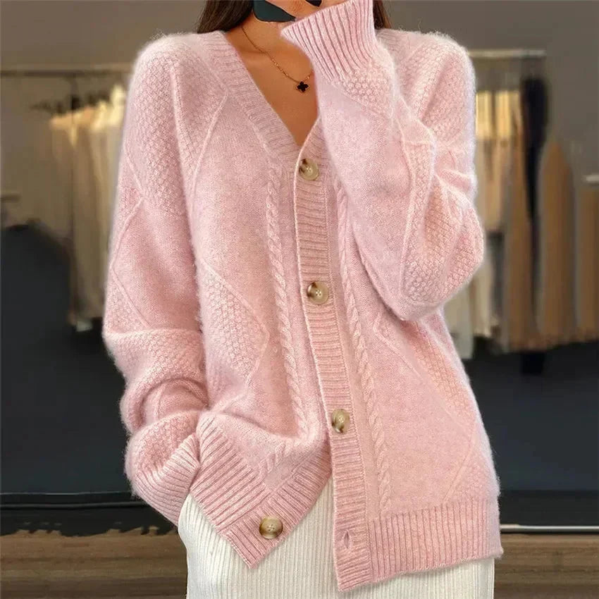 V-Neck Button Front Cable Knit Oversized Cardigan 5