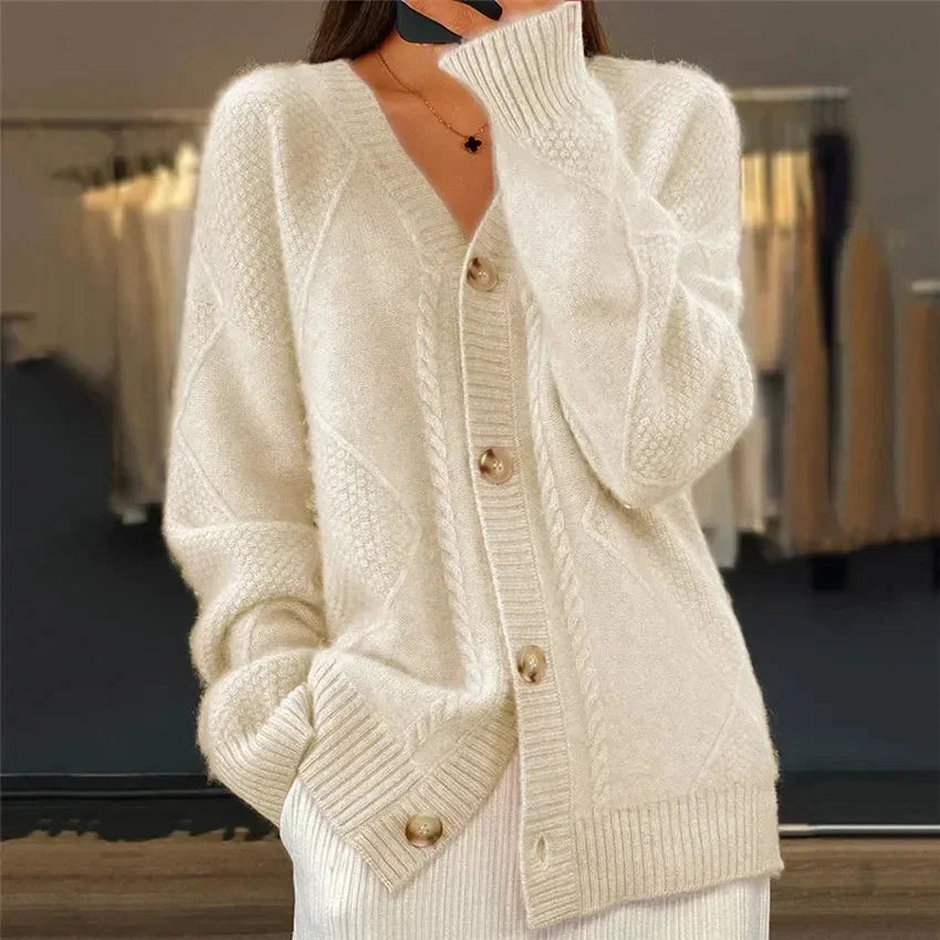 V-Neck Button Front Cable Knit Oversized Cardigan 7
