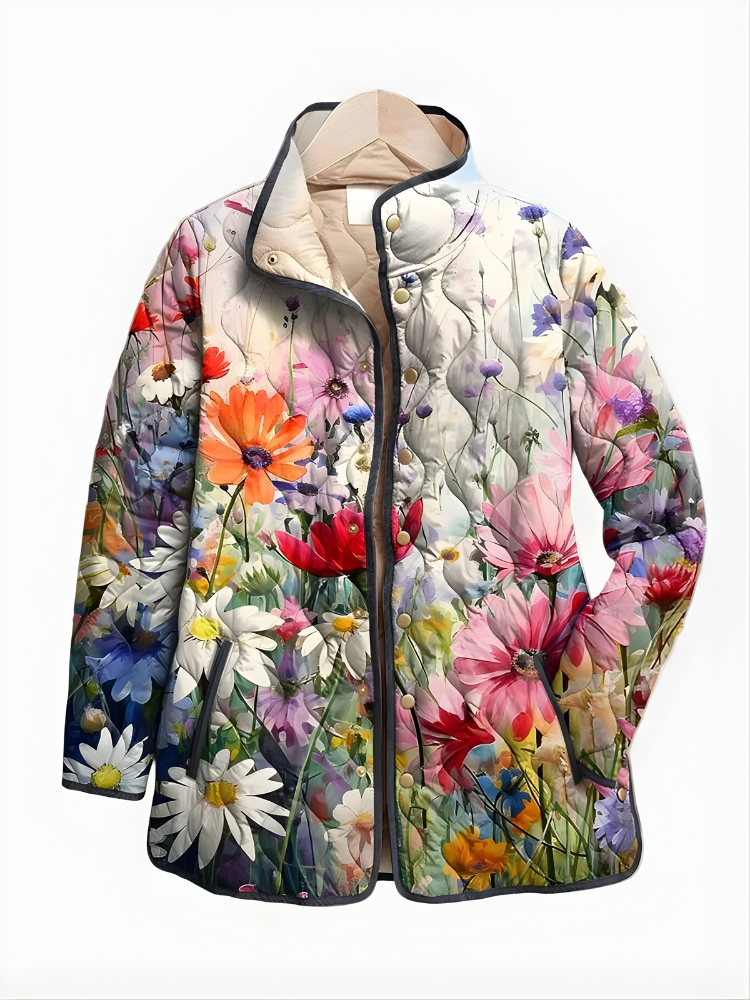 Floral Print Stand Collar Quilted Jacket 2