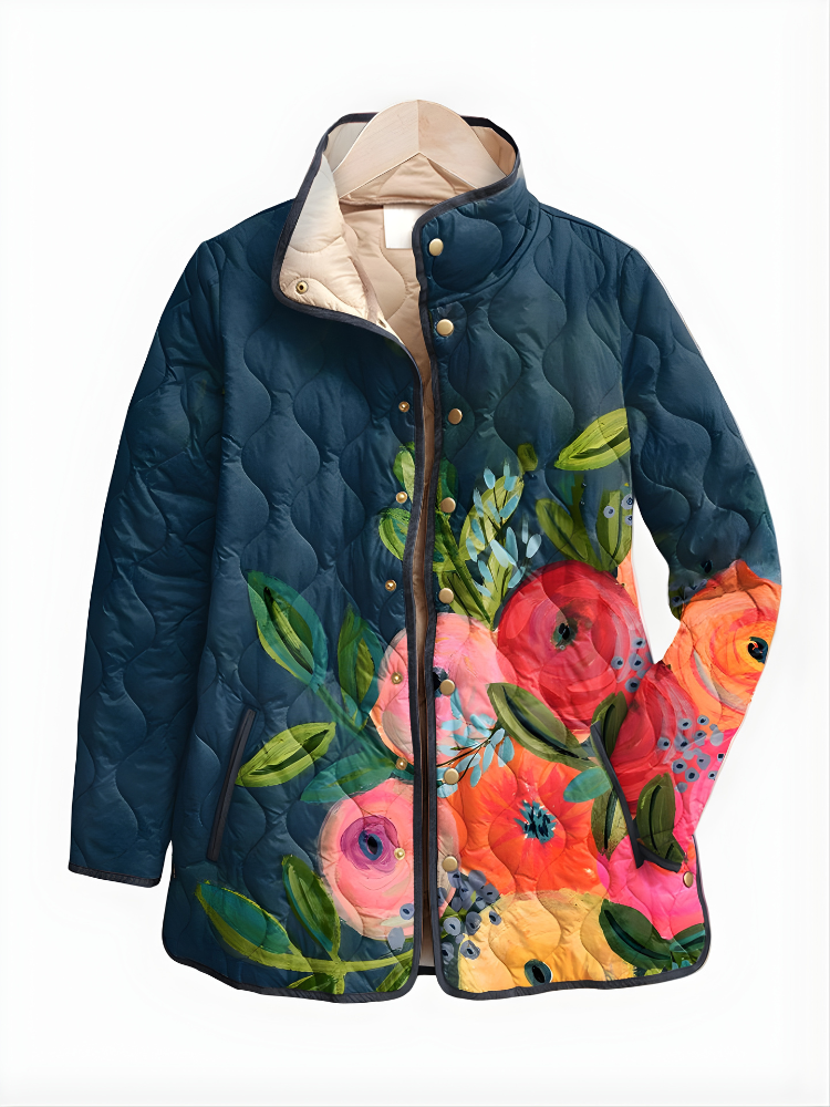 Floral Print Stand Collar Quilted Jacket 3