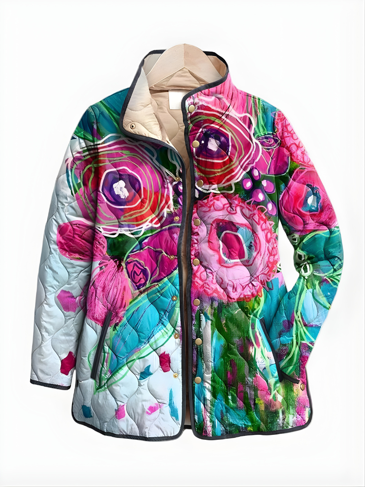 Floral Print Stand Collar Quilted Jacket 4