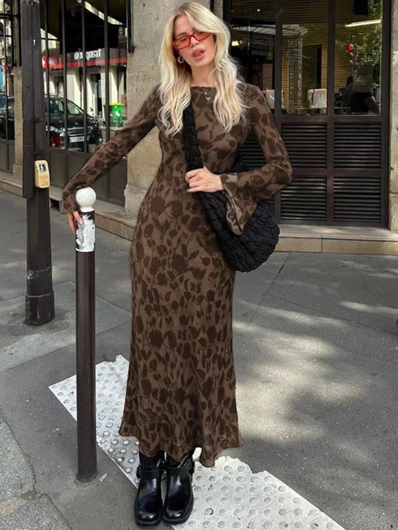 Floral Print Boat Neck Long Sleeve A-Line Maxi Dress in Brown - View 6