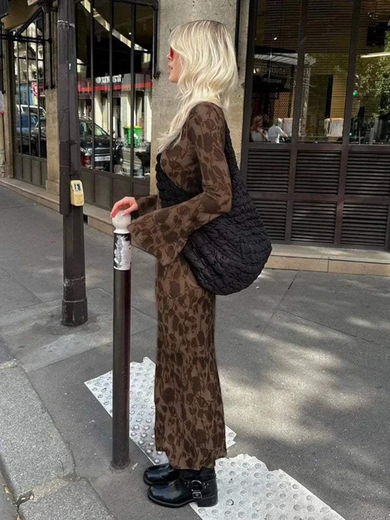 Floral Print Boat Neck Long Sleeve A-Line Maxi Dress in Brown - View 2