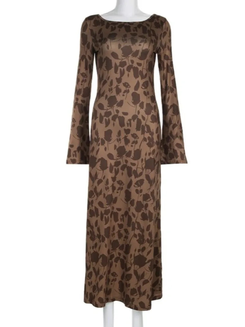 Floral Print Boat Neck Long Sleeve A-Line Maxi Dress in Brown - View 5