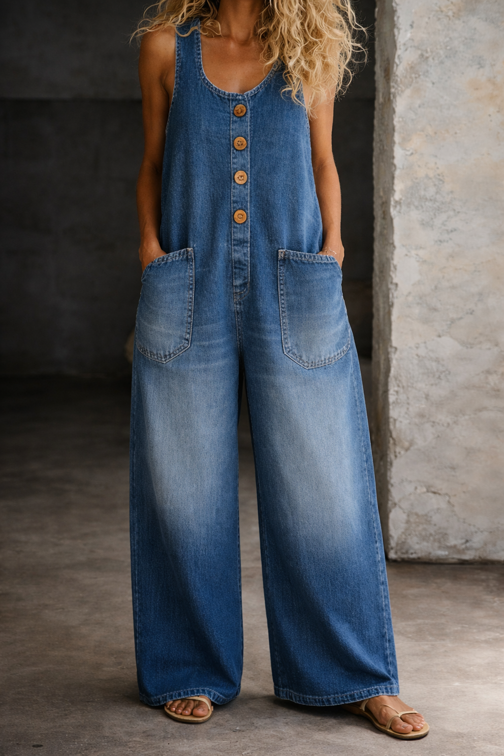 Button Front Wide Leg Denim Overalls 2