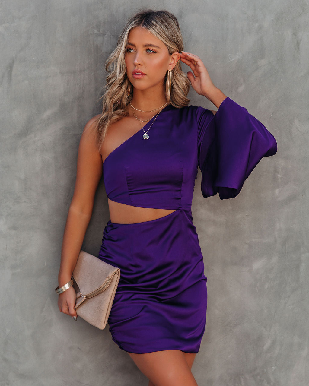 Caydan Satin One Shoulder Cutout Dress Plum FINAL - View 5