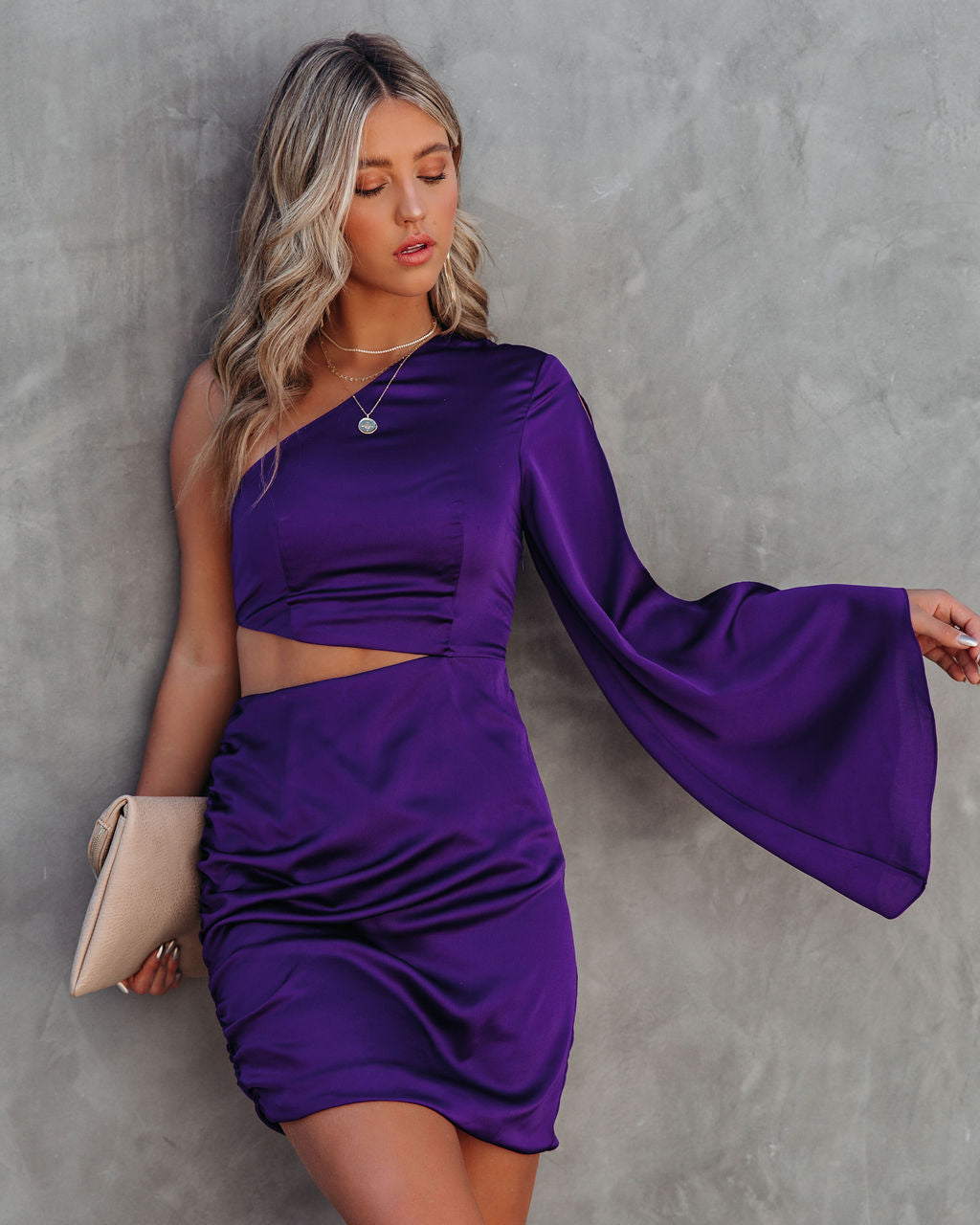 Caydan Satin One Shoulder Cutout Dress Plum FINAL - View 3