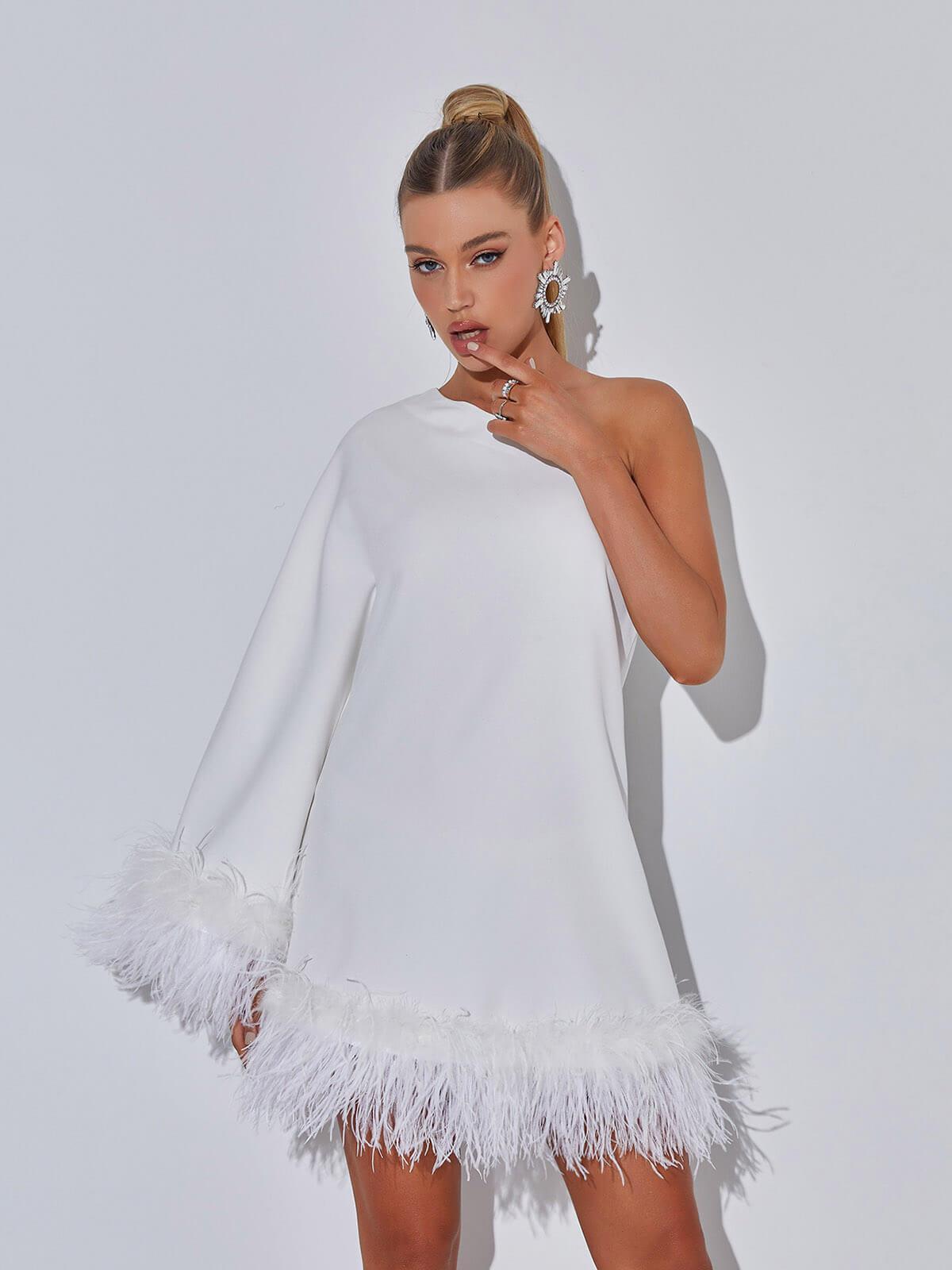 Ceridwen One Shoulder Feather Mini Dress In White - View 2