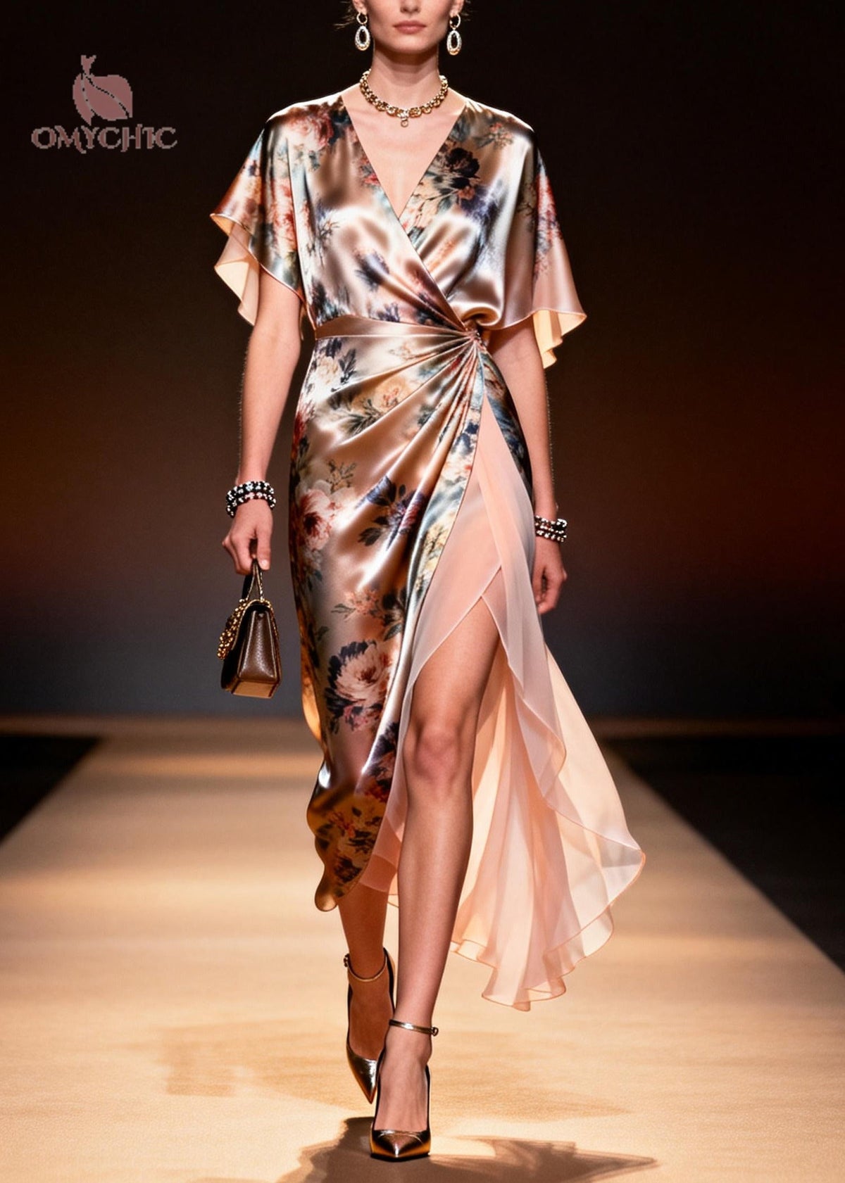 Floral Print Satin Deep V-Neck Flutter Sleeve Wrap Midi Dress - View 5