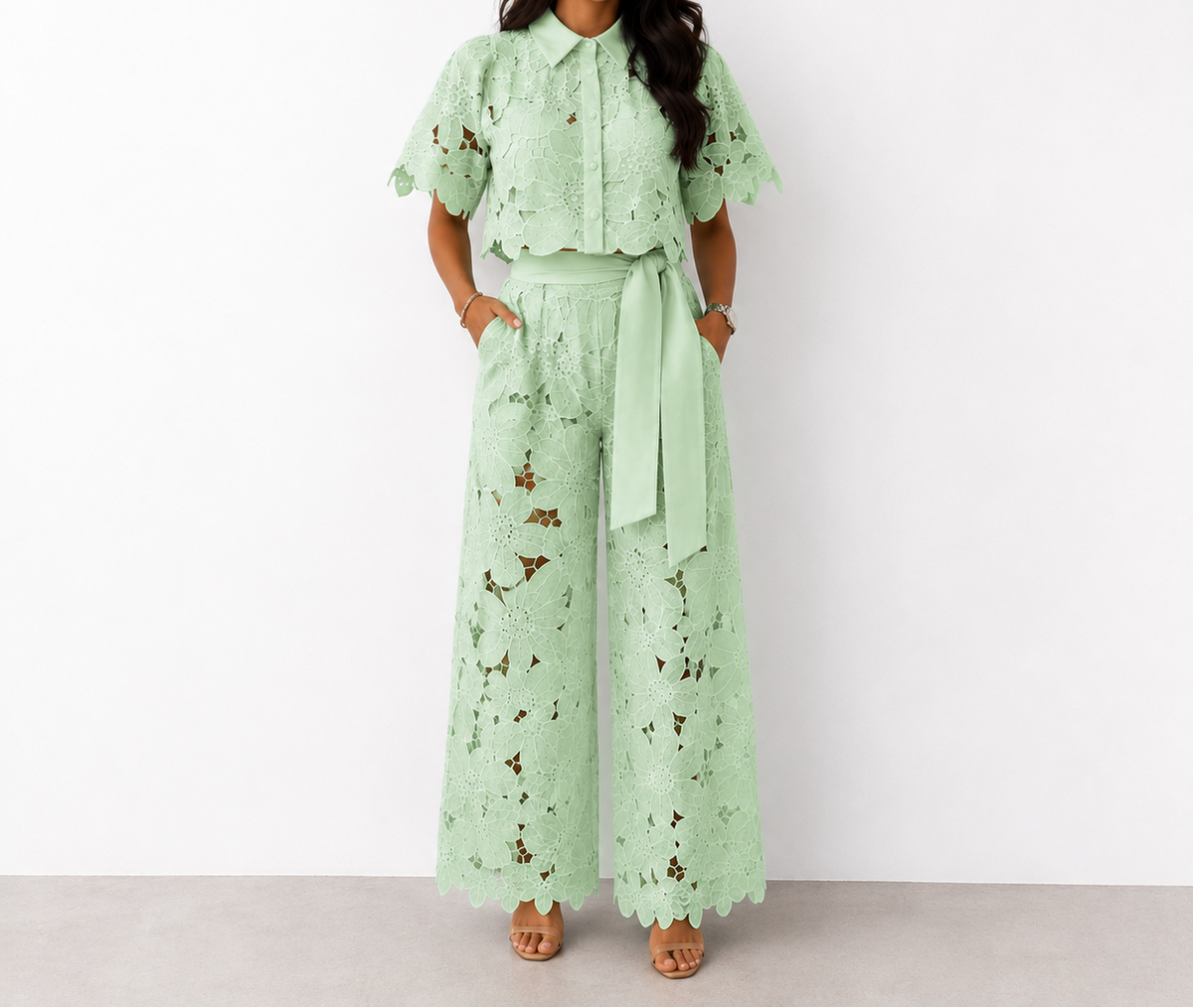 Crochet Lace Short Sleeve Top and Belted Wide Leg Pants Two Piece Set 4