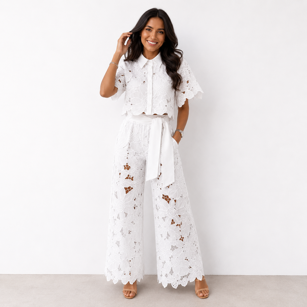 Crochet Lace Short Sleeve Crop Top and Wide Leg Pants Two Piece Set 5
