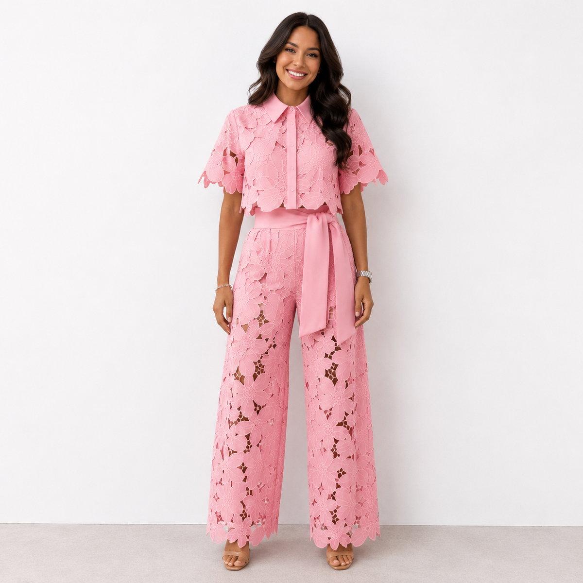 Lace Short Sleeve Crop Top and Wide Leg Pants Two Piece Set 6