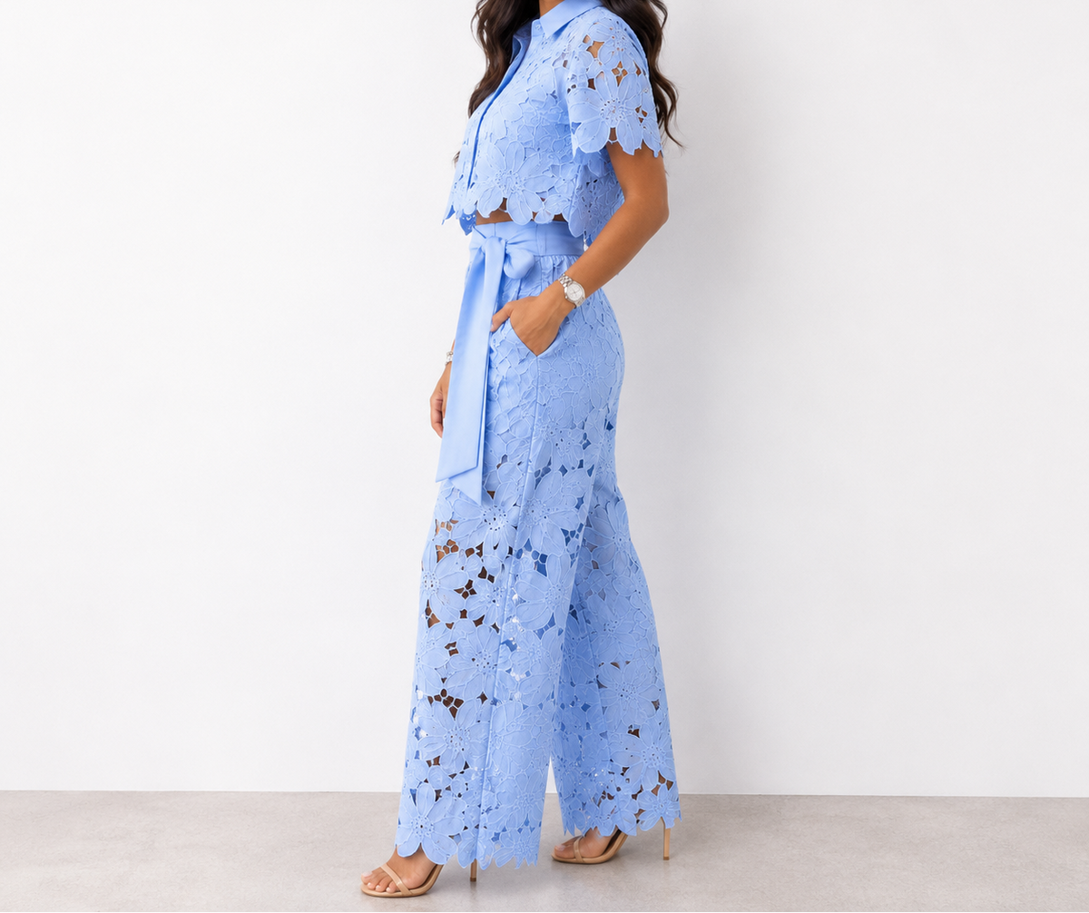 Crochet Lace Short Sleeve Top and Belted Wide Leg Pants Two Piece Set
