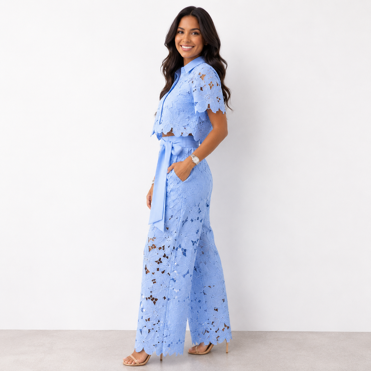 Lace Short Sleeve Crop Top and Wide Leg Pants Two Piece Set 8