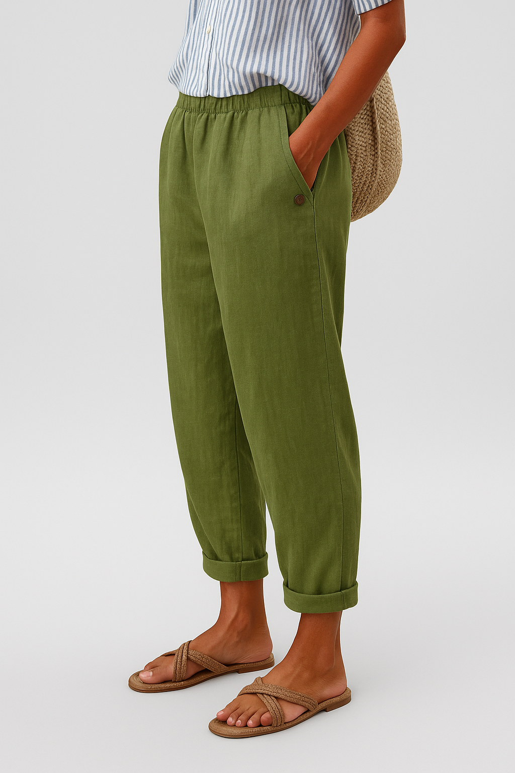 High Waist Tapered Crop Linen Look Pants 2