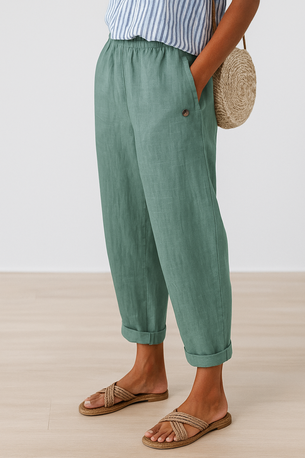 High Waist Tapered Crop Linen Look Pants 4