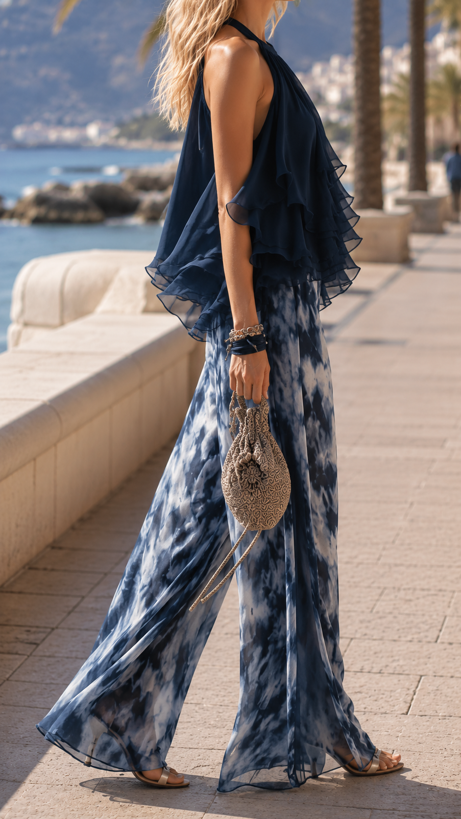 Halter Ruffle Top and Wide Leg Pants Two Piece Set 3